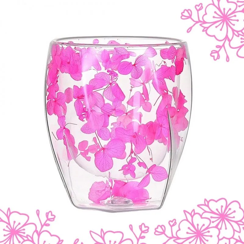 Pahar din sticlă, pereți dubli, flori uscate, hortensie roz, 250 ml