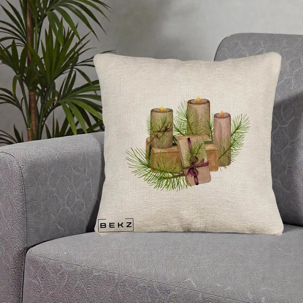 Perna Decorativa Lumanari cu Cadouri Naturale, 40x40 cm, Bej Canapea, Husa Detasabila, Perna Inclusa, BEKZ®
