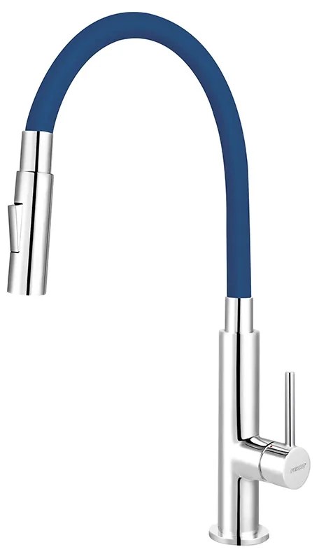 Baterie chiuveta bucatarie cu pipa flexibila albastra Ferro, Zumba Slim 2F Albastru mat/Crom lucios