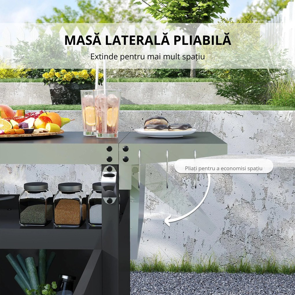 Outsunny Cărucior pentru Grătar cu Blat din Oțel Inoxidabil și Măsuță Laterală Pliabilă, 116x50x93 cm, Negru | Aosom Romania