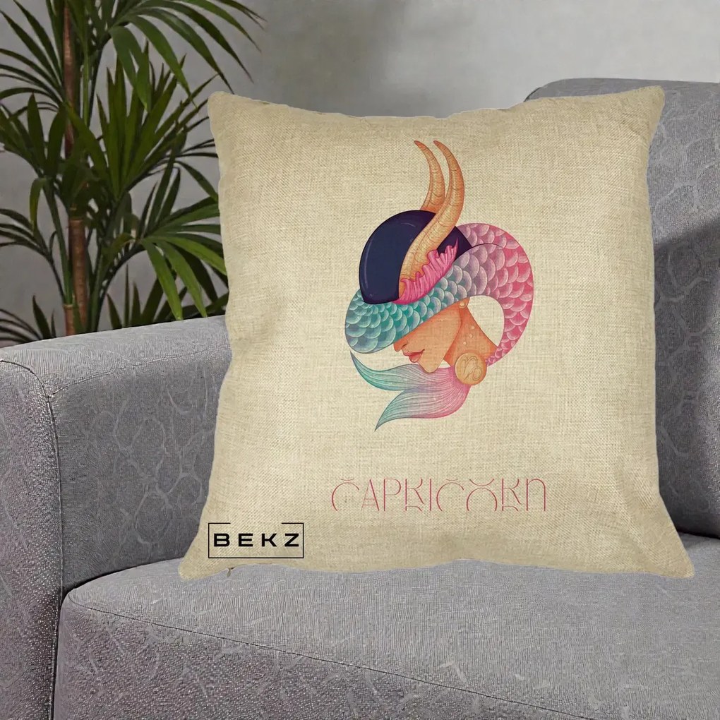 Perna Personalizata Zodiac Capricorn Cowgirl, 40x40 cm, Crem, Husa Detasabila, Perna Inclusa, BEKZ®