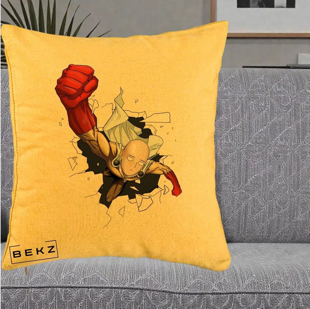 Perna Personalizata One Punch Man Saitama Pumn, 40x40 cm, Galben, Husa Detasabila, Perna Inclusa, BEKZ®