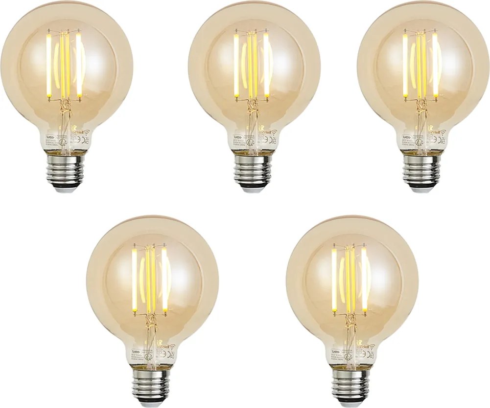 Set de 5 becuri LED inteligente E27, reglabile, G95, aurii, 7W, 806 lm, 1800-6500K