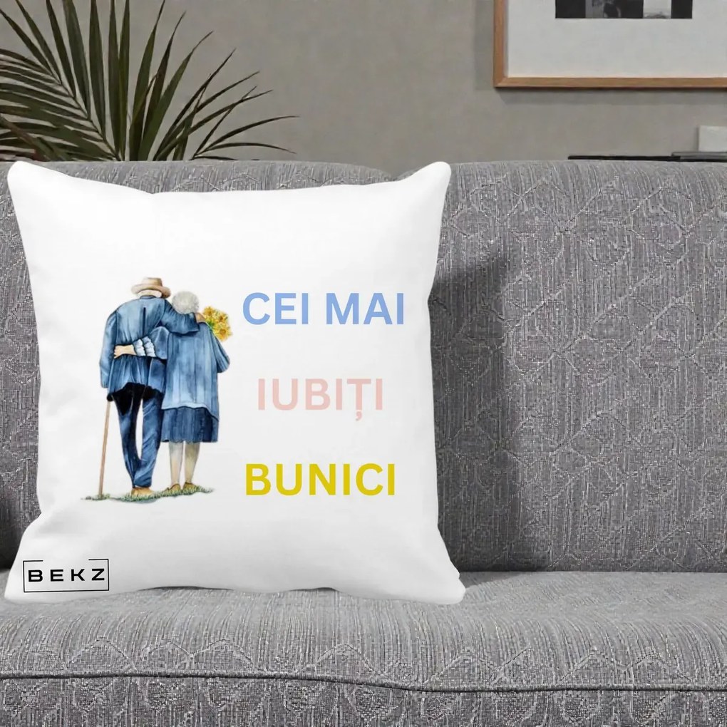 Cadou pentru Bunici - Perna Personalizata Cei Mai Iubiti Bunici Acuarela Spate, 40x40 cm, Alba Mata, Husa Detasabila, Perna Inclusa, BEKZ®