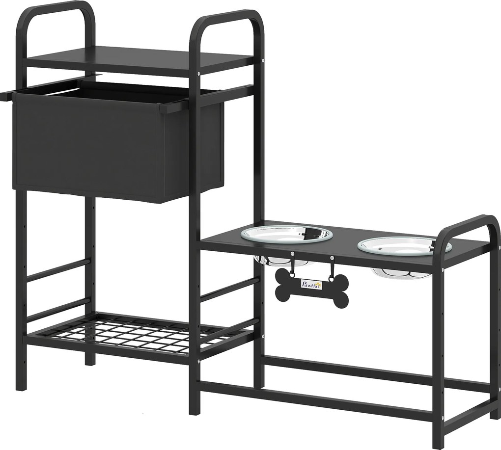 PawHut Bol ridicat pentru câini, reglabil pe înălțime, cu spațiu de depozitare, 2 x boluri din oțel inoxidabil 800 ml, 89,5x27x74 cm, Negru | Aosom Romania