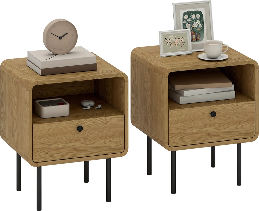 HOMCOM Noptieră îngustă măsuță cu compartiment deschis și 1 sertar picioare din oțel 40 x 36 x 50 cm, efect lemn stejar | Aosom Romania