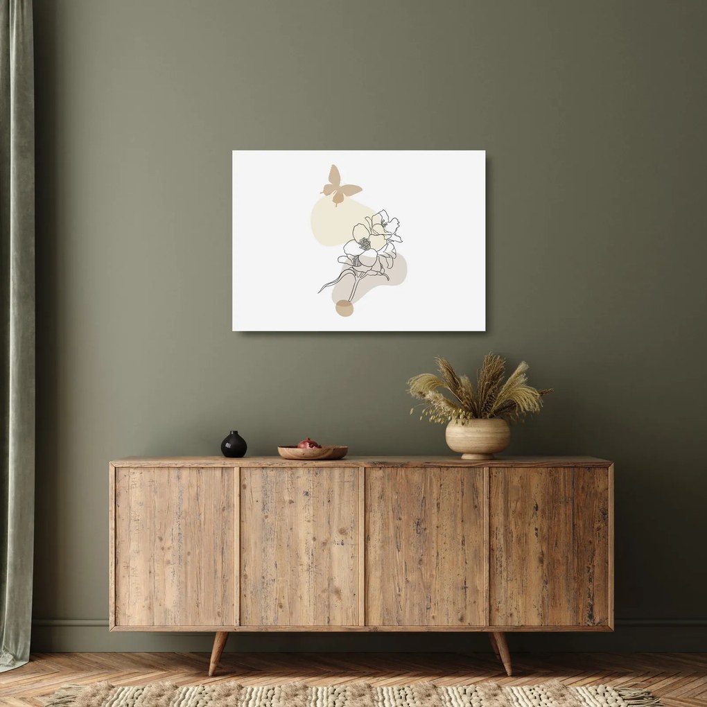 Tablou pe sticlă - Flori bej cu fluture N⁰3 (70x50 cm)