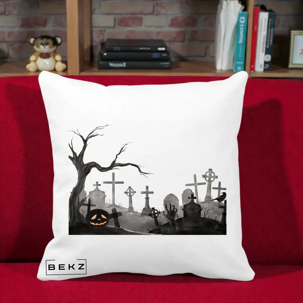Perna Decorativa Halloween Cimitir Acuarela cu Dovleac, 40x40 cm, Alba Mata, Husa Detasabila, Perna Inclusa, BEKZ®