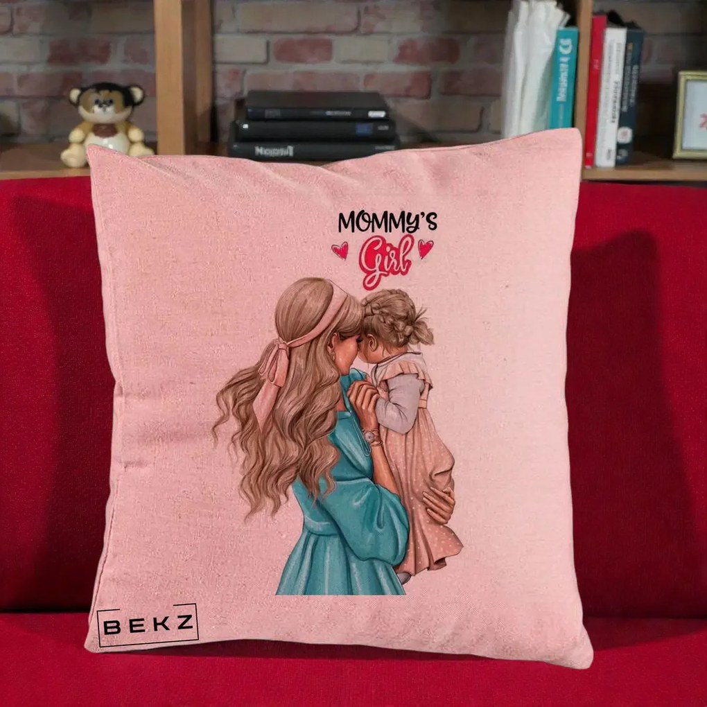 Cadou pentru Mama - Perna Personalizata Mommy's Girl Mama si Fetita, 40x40 cm, Roz, Husa Detasabila, Perna Inclusa, BEKZ®