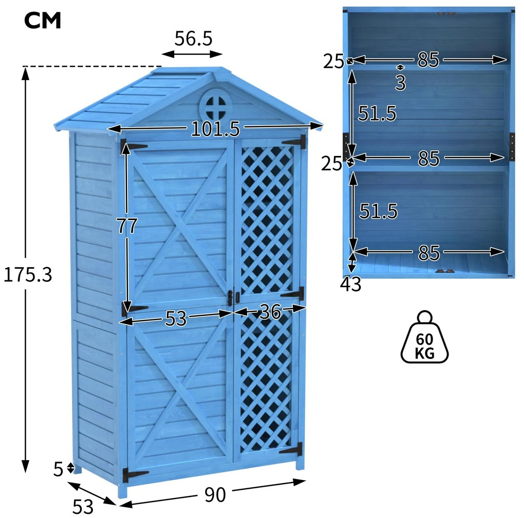 Depozit de mobilier de grădină din lemn pentru exterior, magazie de unelte rezistentă la intemperii, cu mult spațiu de depozitare și construcție din lemn stabilă, 90x56,5x175,3 cm, Albastru