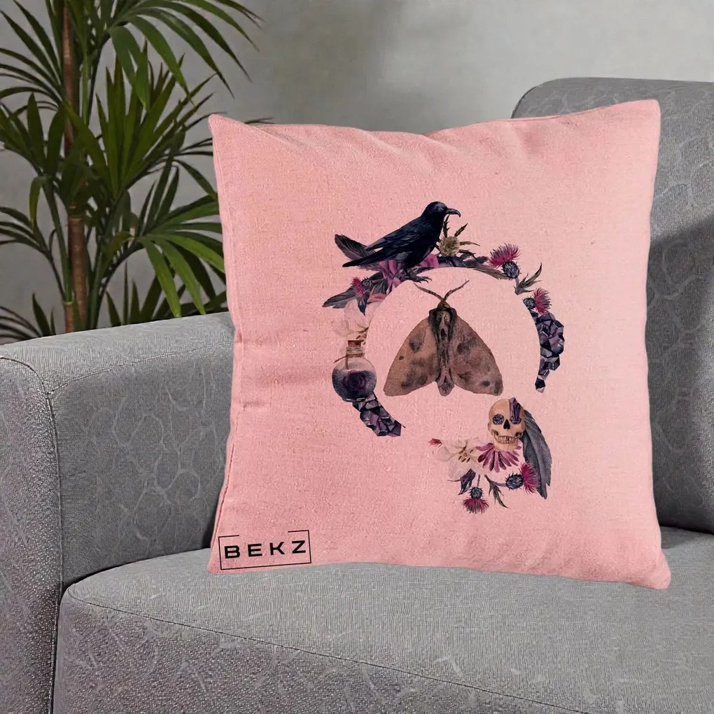 Perna Decorativa Gothic Wreath Corb Moliu Craniu, 40x40 cm, Roz, Husa Detasabila, Perna Inclusa, BEKZ®