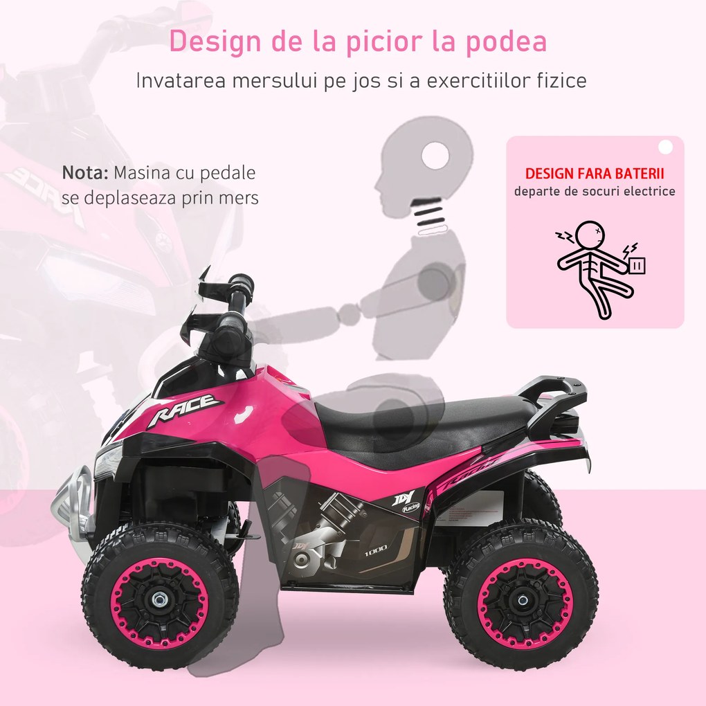 ATV Jucarie pentru copii Ride On cu lumini si sunete HOMCOM, miscare prin impingere varsta recomandata 18-36 luni, roz, 67,5x38x 44cm | Aosom Romania