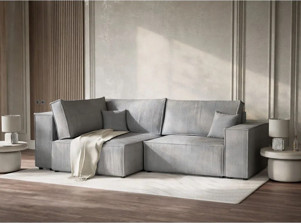 Colțar gri extensibil/cu spațiu de depozitare cu tapițerie din catifea reiată (cu colț pe partea stângă/în formă de ”L”) Tonga – Maison de Rêve