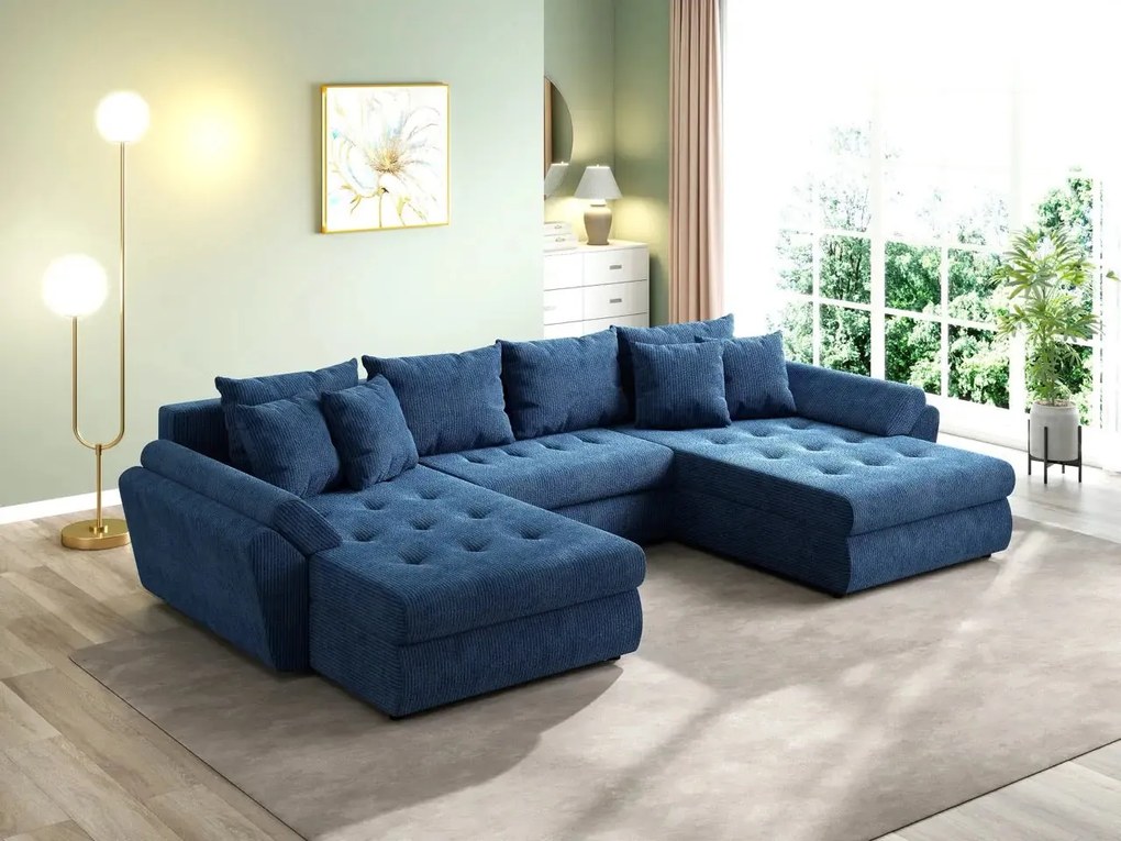 Colțar extensibil dumonde cu ladă de depozitare si sezut confortabil din spuma high-density, Loana U Zoom Blue 355x185 cm