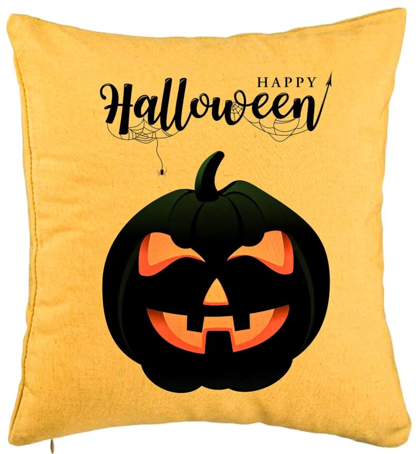 Perna Decorativa cu motiv Dovleac de Halloween si Text, 40x40 cm, Galben, Husa Detasabila, Burduf