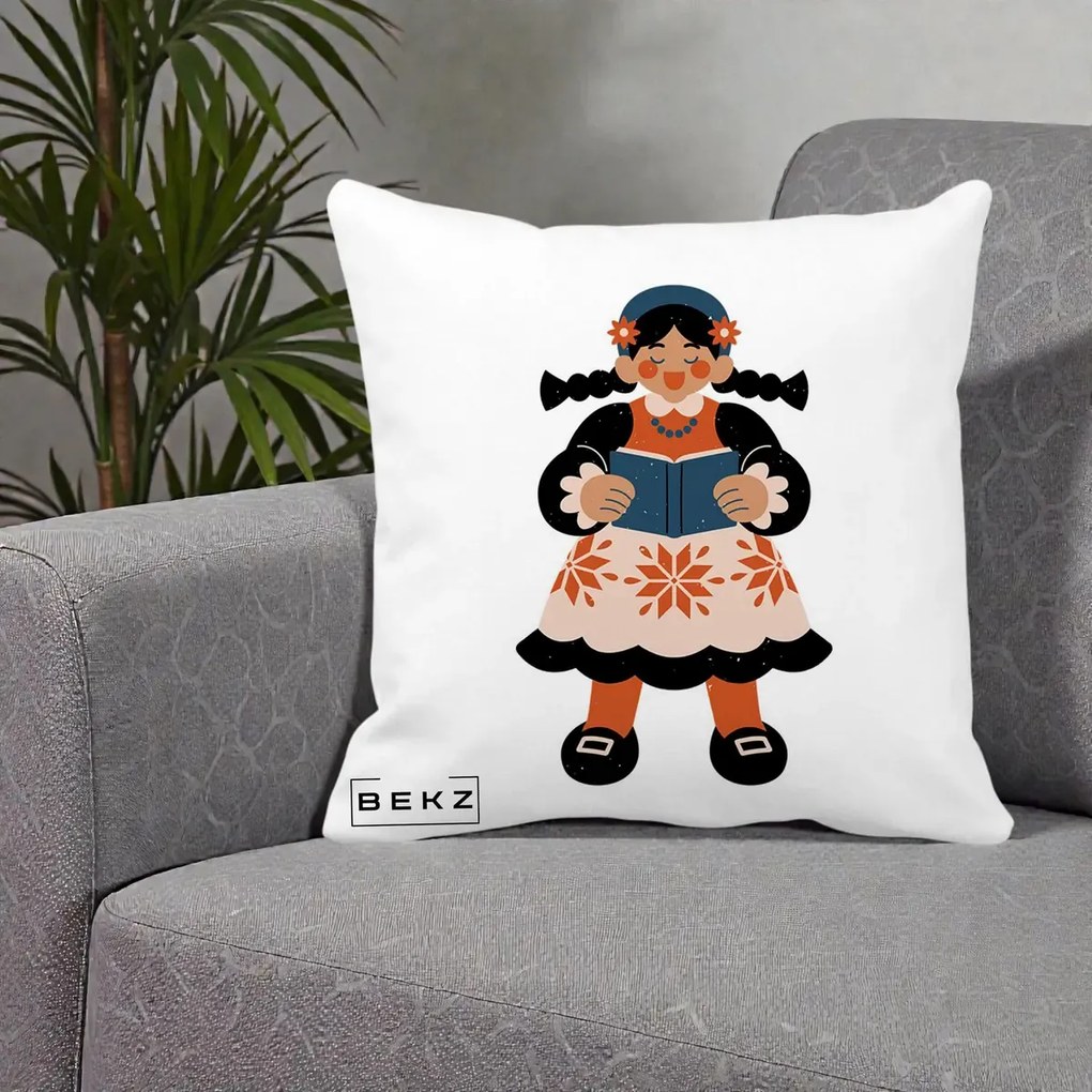 Perna Personalizata Fetita cu Carte Ilustratie Folk, 40x40 cm, Alba Mata, Husa Detasabila, Perna Inclusa, BEKZ®
