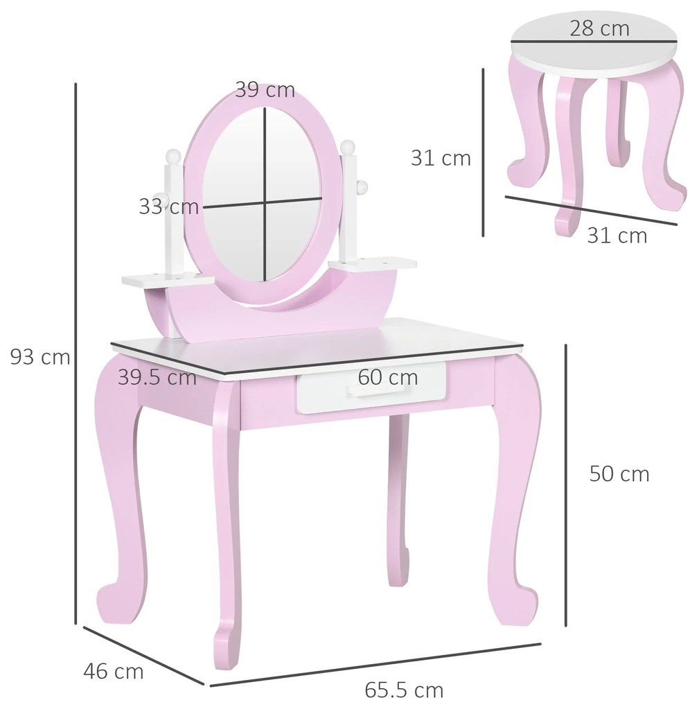 ZONEKIZ Set de Toaletă Machiaj, Măsuță de Machiaj cu Oglinzi și Taburet pentru Copii, Vârsta 3-6 Ani, 65,5x46x93 cm, Roz | Aosom Romania