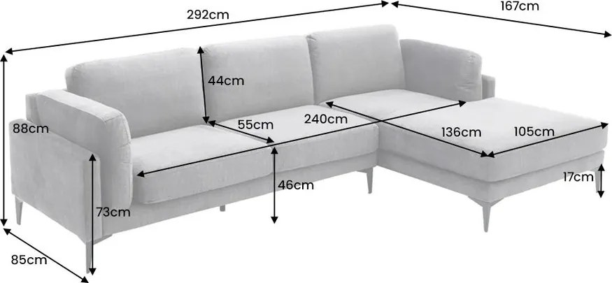 Coltar cu sezlong dreapta, Catifea gri inchis, MANHATTAN 295cm