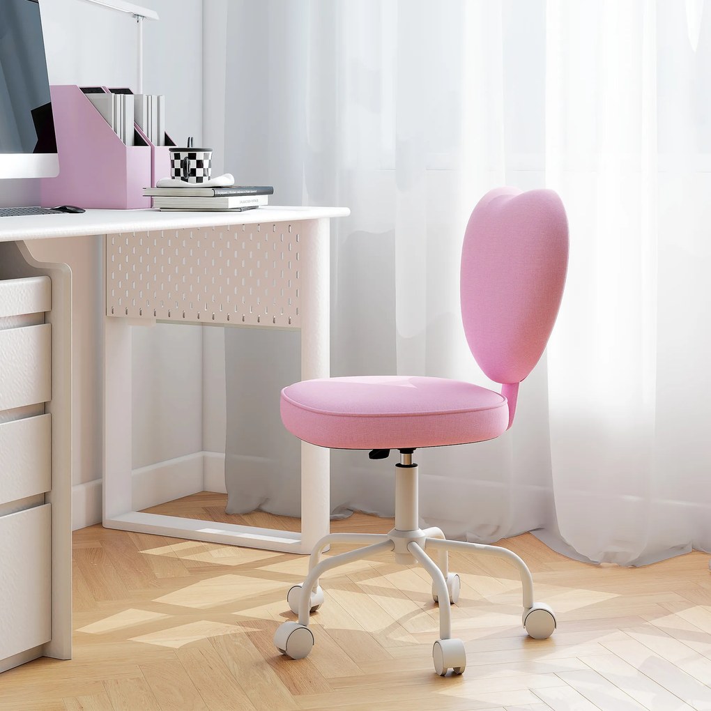 HOMCOM Scaun de Birou în Formă de Inimă, Bază cu 5 Roți, Înălțime Reglabilă, 40x50x79-89 cm, Roz | Aosom Romania