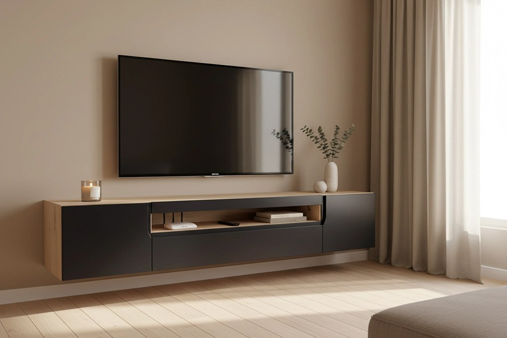 Dulap TV suspendat Loftia 200 cm cu două uși și nișă - artisan / negru mat