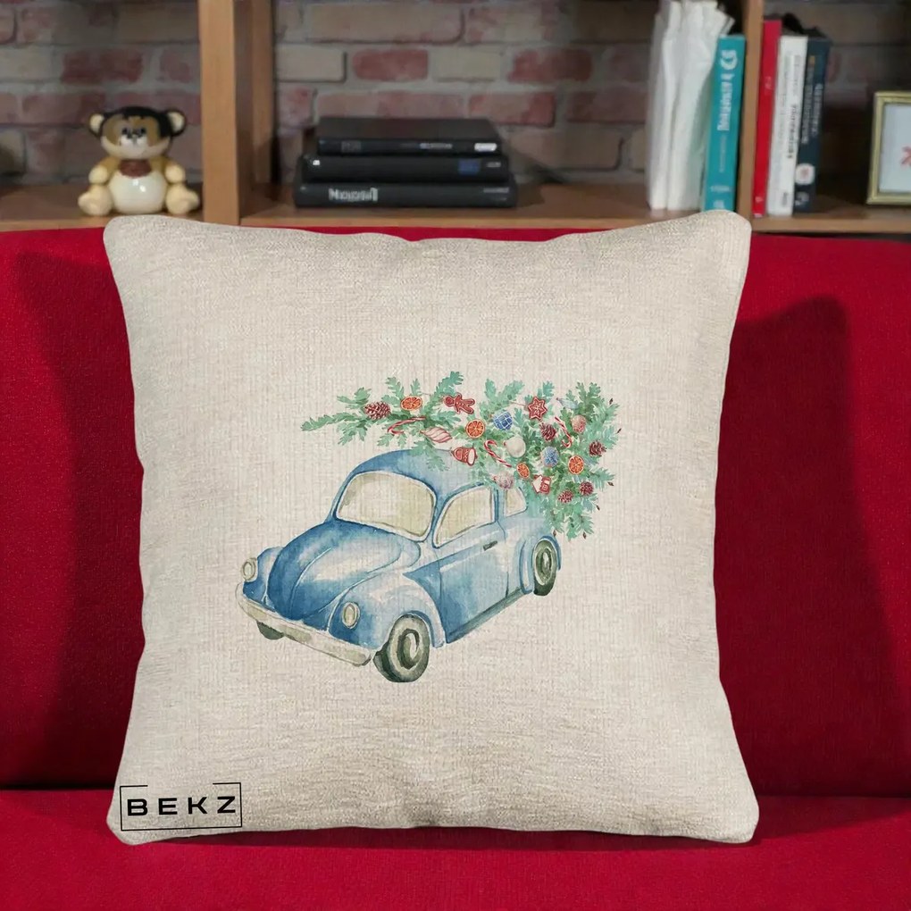 Perna Decorativa Masinuta Albastra cu Brad de Craciun, 40x40 cm, Bej Canapea, Husa Detasabila, Perna Inclusa, BEKZ®