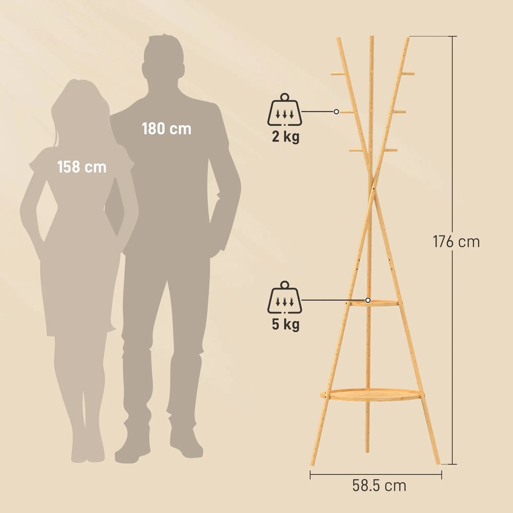 HOMCOM Cuier freestanding cu 9 cârlige și 2 polițe pentru intrare, lemn natural | Aosom Romania