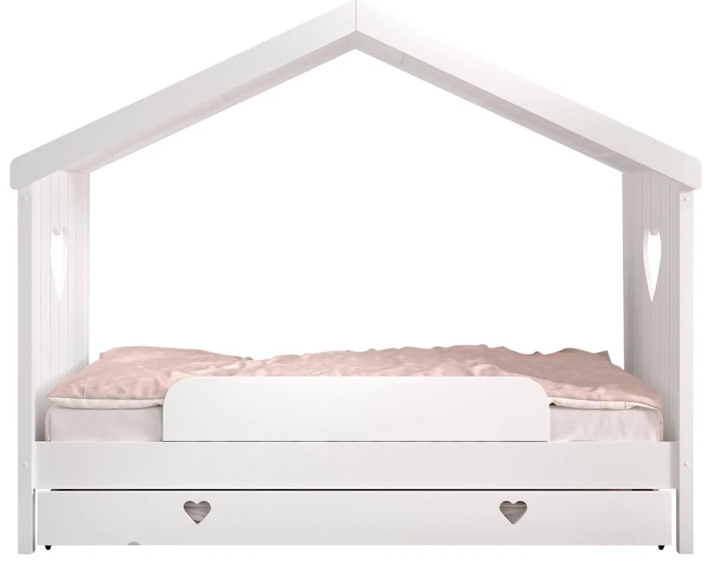 Pat Căsuță AMORI pentru Copii, 90x200 cm, Alb, cu Sertar și Protecție – Vipack