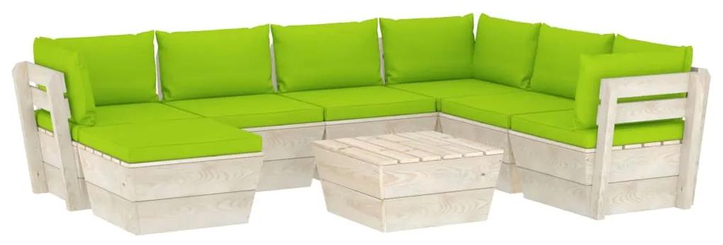 Set mobilier gradina din paleti cu perne, 8 piese, lemn molid verde aprins, 3x colt + 3x mijloc + masa + suport pentru picioare, 1