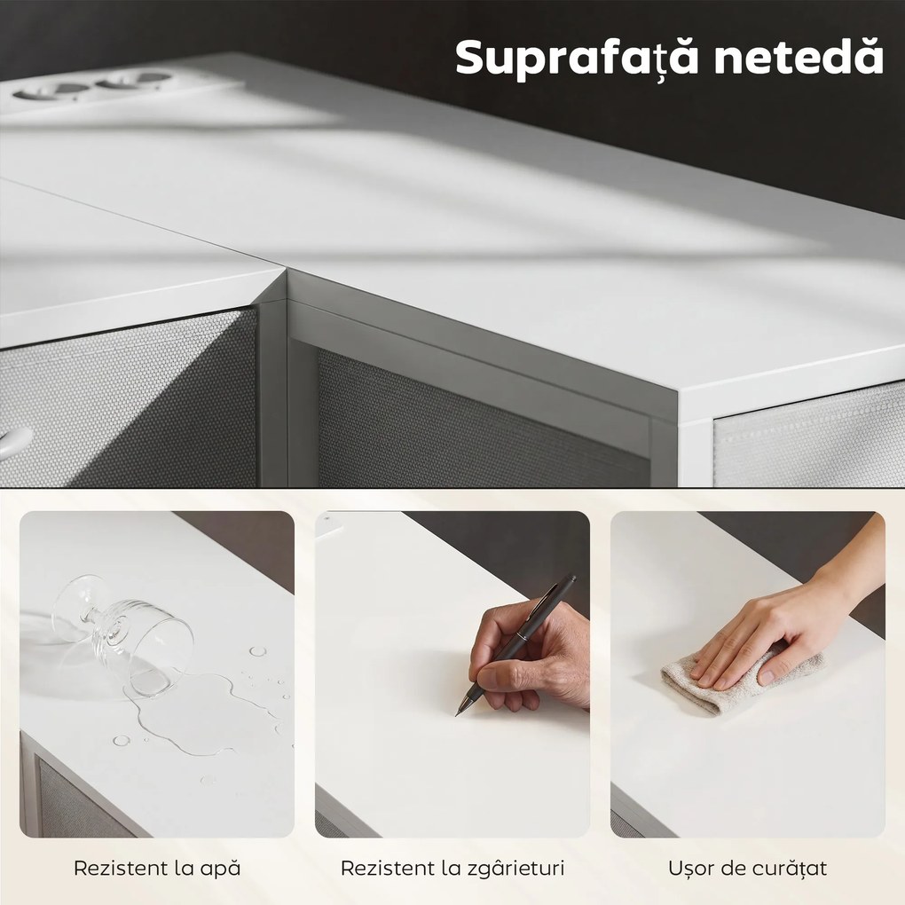 HOMCOM Birou de Colț Reversibil cu Prize și Porturi USB, 126x48 cm, Birou în Formă de L cu 6 Sertare din Material Textil, Cârlig Lateral, pentru Computer, Birou, Cameră, Alb | Aosom Romania
