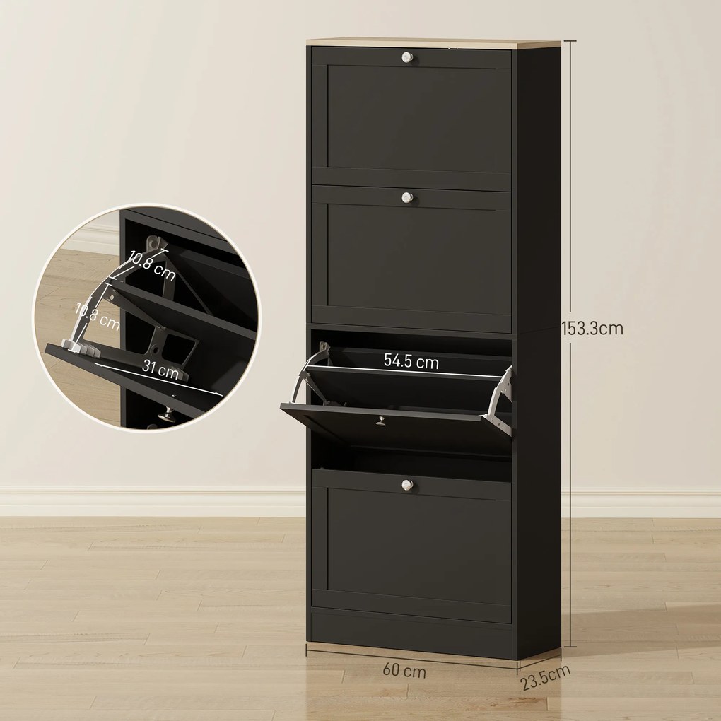 HOMCOM Pantofar Compact cu 4 Sertare și Rafturi Reglabile pe 2 Niveluri, 60 x 23,5 x 153,3 cm, Negru | Aosom Romania
