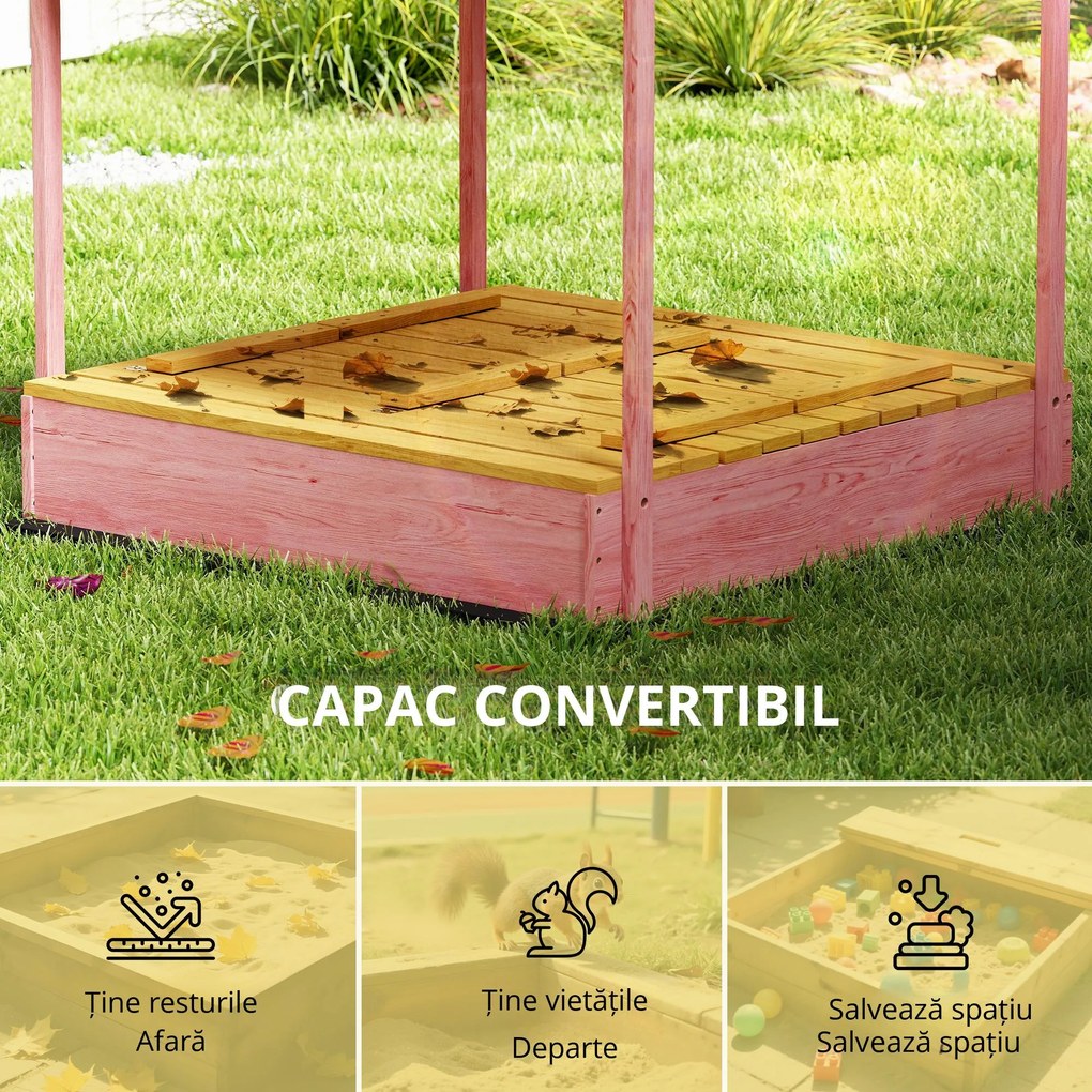 AIYAPLAY Ladă de Nisip pentru Copii 3-6 Ani cu Acoperiș cu Flamingo, Scaune Pliabile, Capac și Husă Incluse, Ladă de Joacă din Lemn de Brad, 134,5x127,5x130 cm, Roz | Aosom Romania