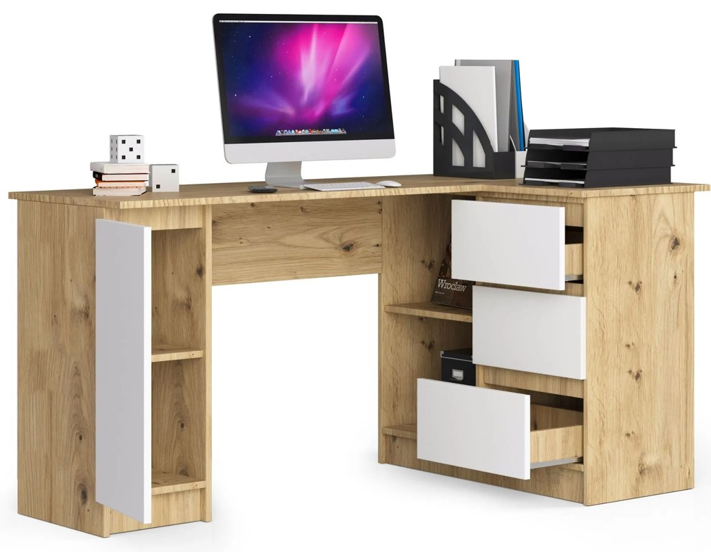 Masă PC de colț Bevin (Stejar artisan + Alb) (D). 1070971
