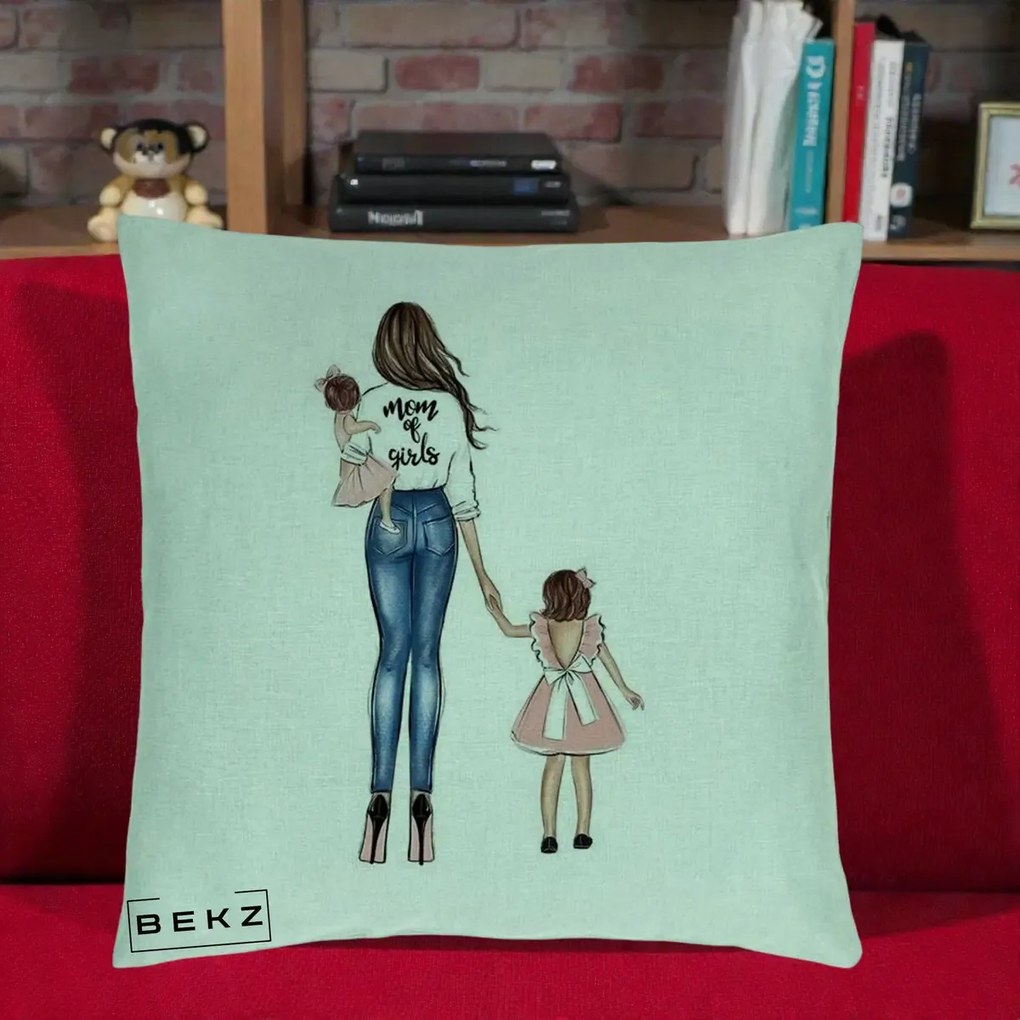 Cadou pentru Mama - Perna Personalizata Mom of Girls Mama cu Fetele, 40x40 cm, Verde Menta, Husa Detasabila, Perna Inclusa, BEKZ®