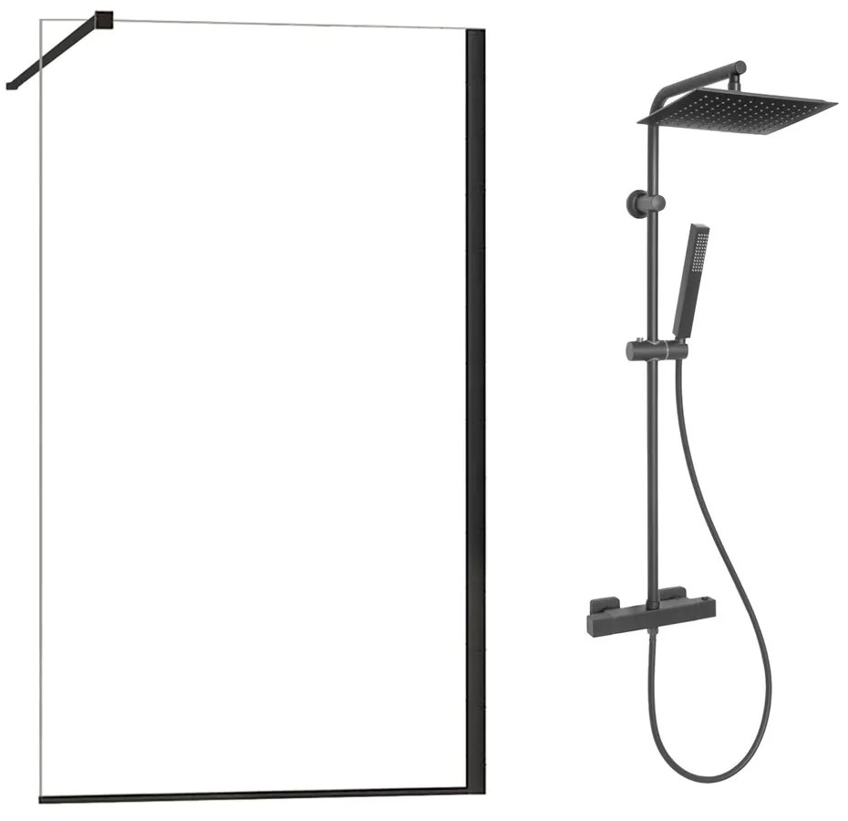 Pachet paravan dus Walk-In Fluminia Foxy negru 120x200 cm si coloana de dus Invena Svart negru