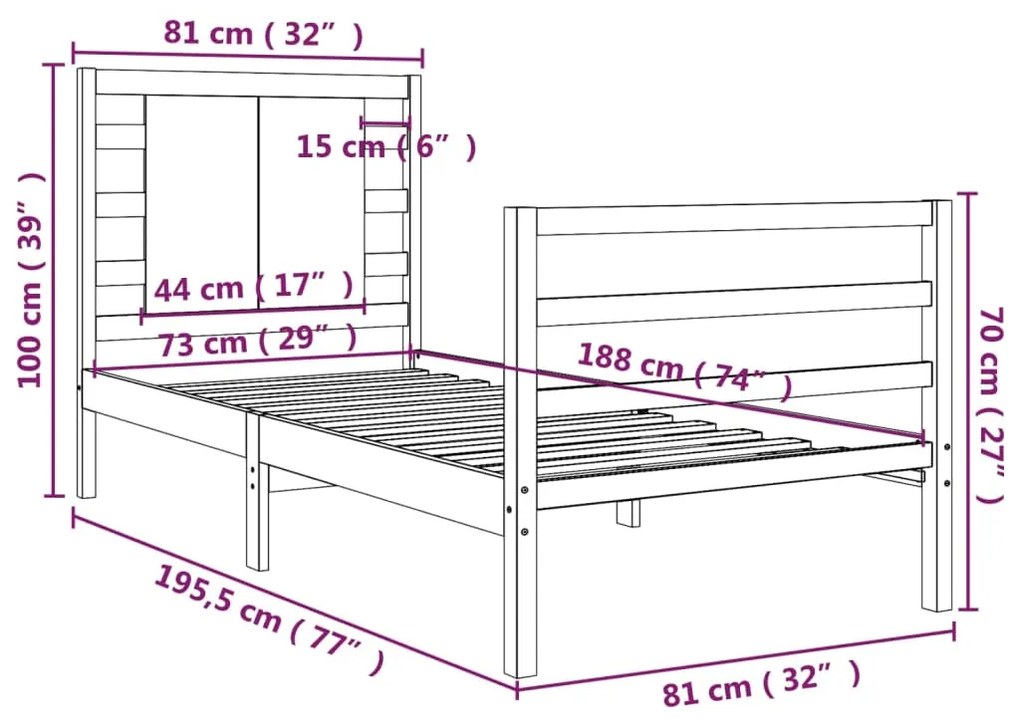 Cadru de pat Small Single, gri, 75x190 cm lemn masiv de pin Gri, 75 x 190 cm