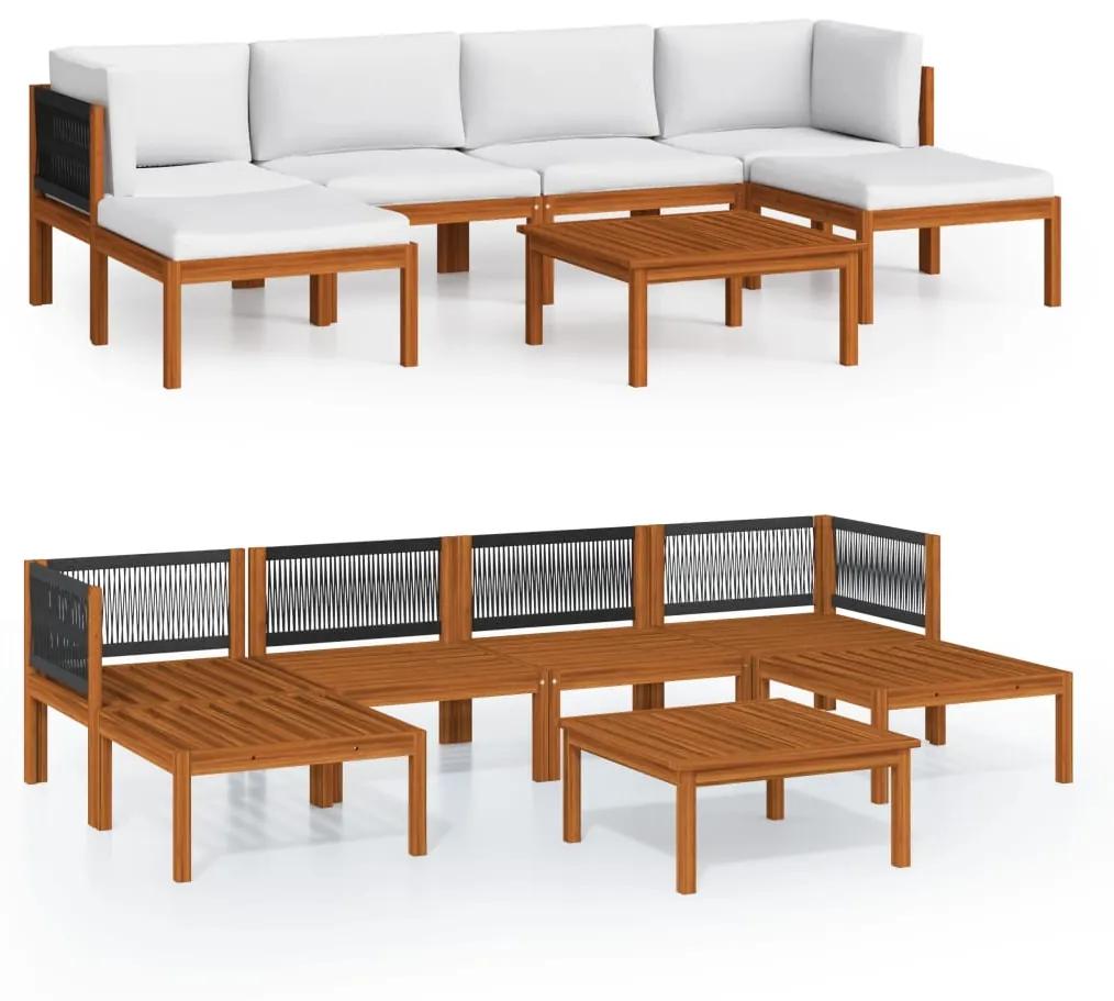 Set mobilier gradina cu perne, crem, 7 piese, lemn masiv acacia 2x colt + 2x mijloc + 2x suport pentru picioare + masa, 1