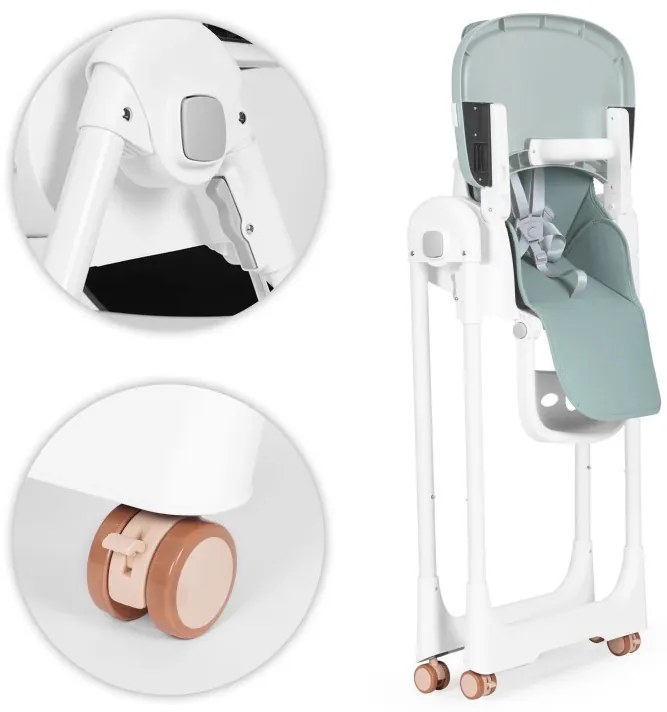 Scaun de hrănire înălțime reglabilă curele din piele ecologică tavă dublă verde