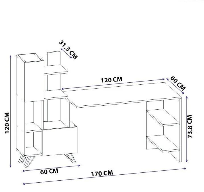 Birou Alis  cu Biblioteca cu usi si rafturi, Alb, 170 x 120 x 60 cm