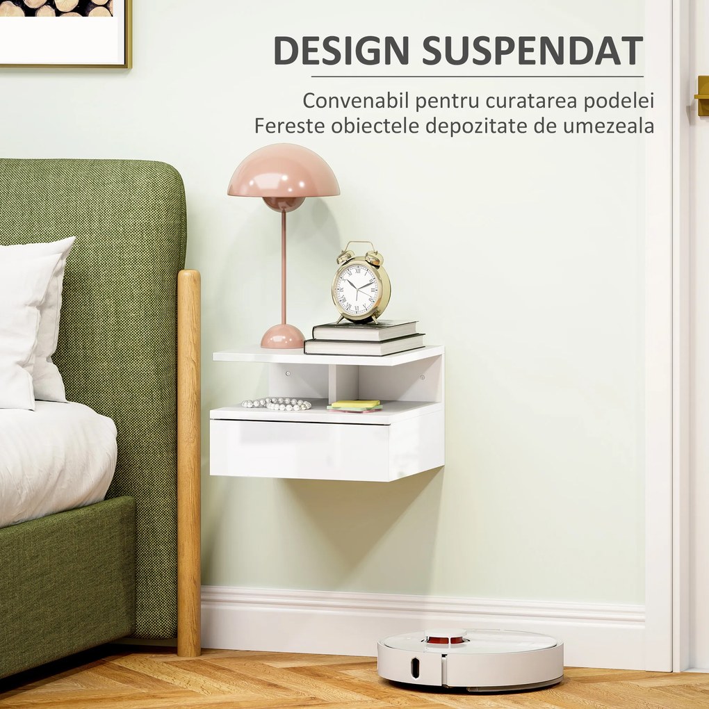 HOMCOM Set de 2 Noptiere Suspendate cu Sertar și Raft Superior din Lemn, 35x32x22.5 cm, Alb Lucios | Aosom Romania