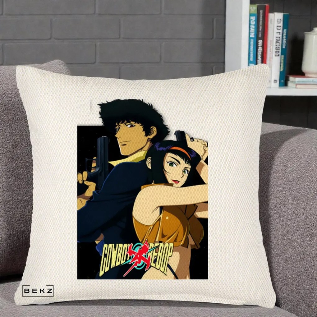 Perna Personalizata Cowboy Bebop Spike si Faye Poster, 40x40 cm, Crem Reliefat, Husa Detasabila, Perna Inclusa, BEKZ®
