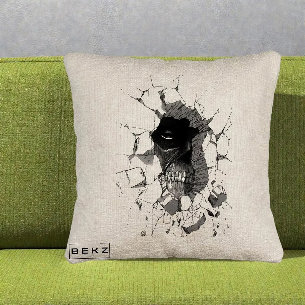 Perna Personalizata Attack on Titan Titan Crapand Zidul, 40x40 cm, Bej Canapea, Husa Detasabila, Perna Inclusa, BEKZ®