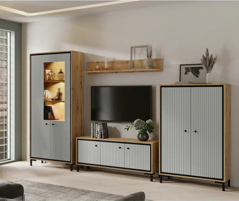 Mobilier living sufragerie PARII A, stejar artisan/gri, PAL/sticla, cu