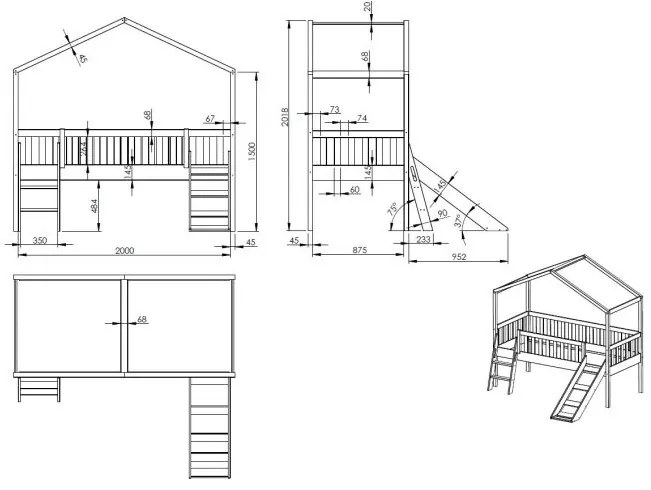 Pat Căsuță Supraetajat cu Tobogan, Alb, 90 x 200 cm, Pin Scandinavian – Dallas – Vipack
