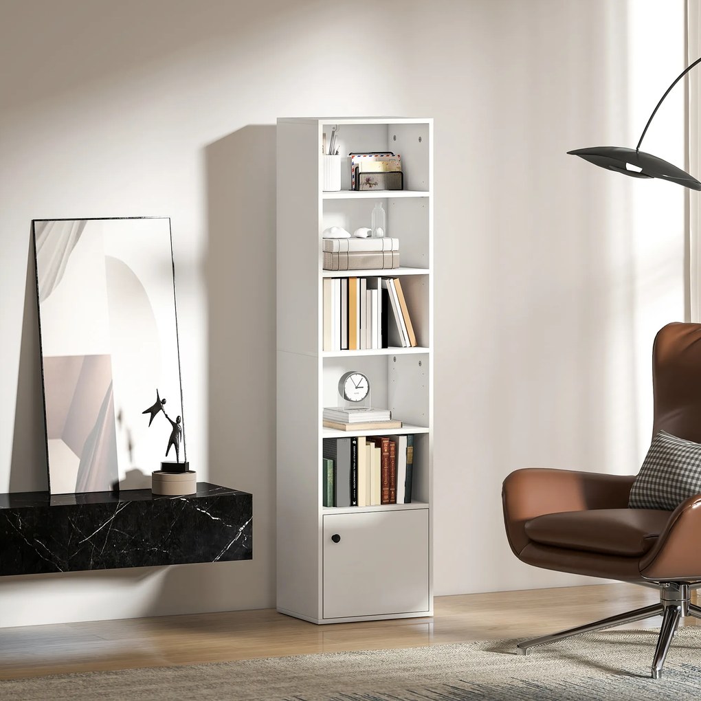HOMCOM Bibliotecă verticală cu 6 niveluri și dulap, pentru living, dormitor și birou, 40x30x156 cm, albă | Aosom Romania