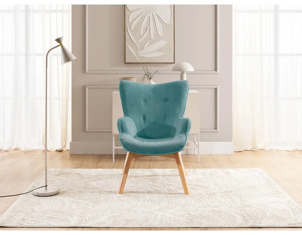 Fotoliu cu taburet turcoaz cu tapițerie din catifea reiată Niko – Ropez