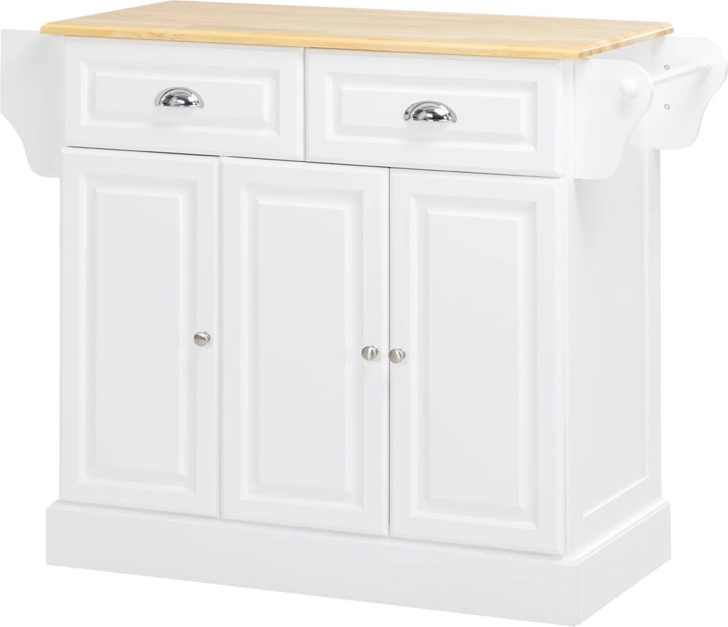 HOMCOM, Insulă de bucătărie pe roți, cu 2 sertare, suport pentru condimente și suport pentru ștergare, 110 x 45 x 91 cm, alb | Aosom Romania