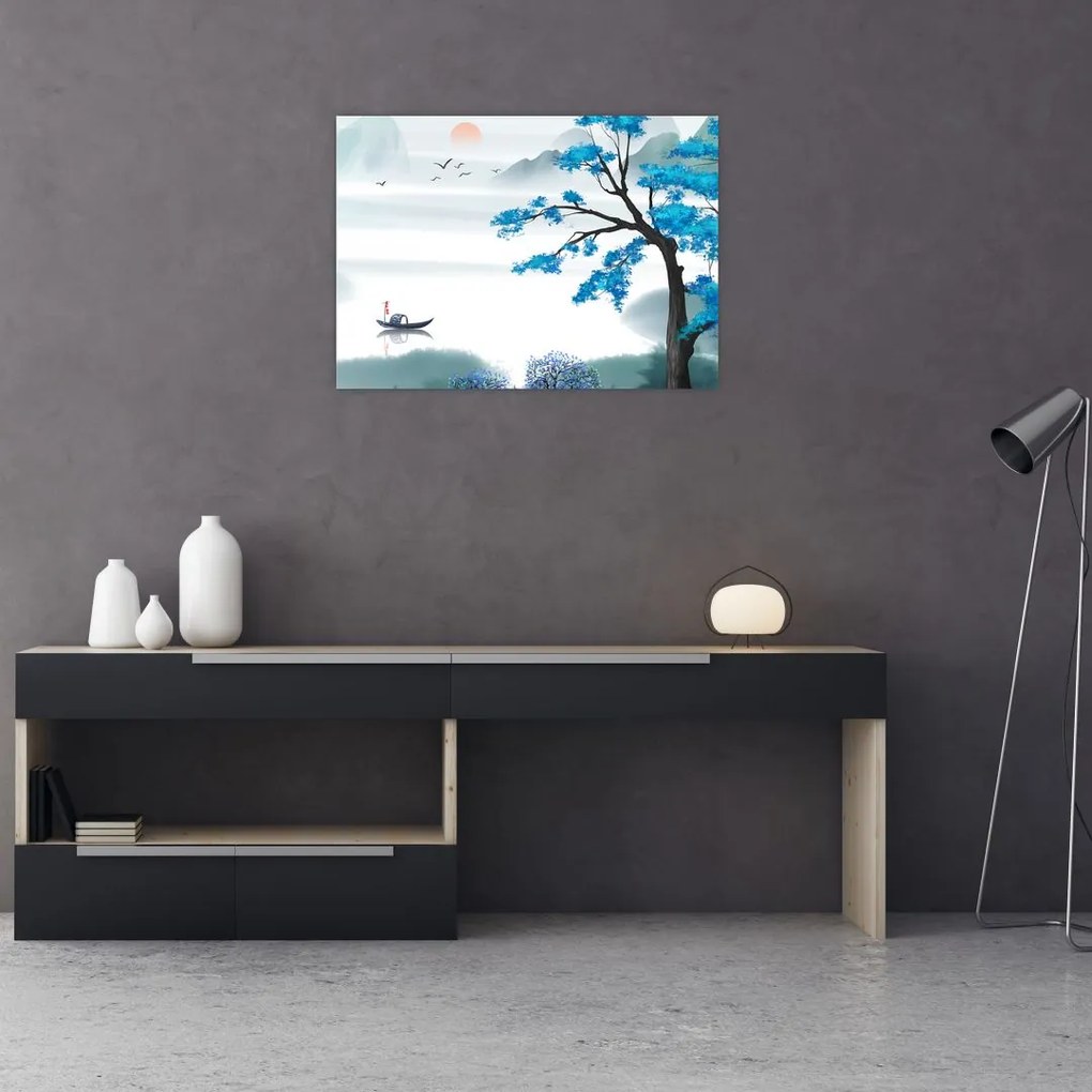 Tablou pe sticlă - Pictură, lac cu barcă (70x50 cm)