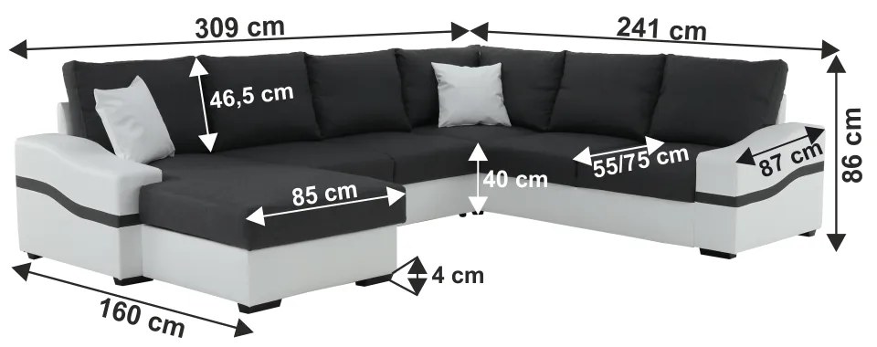 colţar în forma de U, alb/gri,stâng, OREGON COLţ MARE