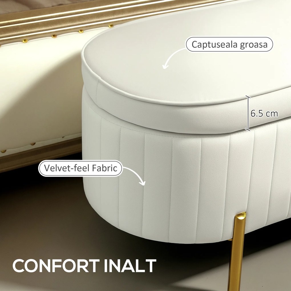 HOMCOM Bancă de Depozitare de Intrare Ovală 72L, Design Canelat cu Capac Rabatabil și Scaun Capitonat, Bancă de la Capătul Patului, Pouf, în Velur și cu Picioare din Lemn de Pin, 108x44x43.5 cm, Crem | Aosom Romania