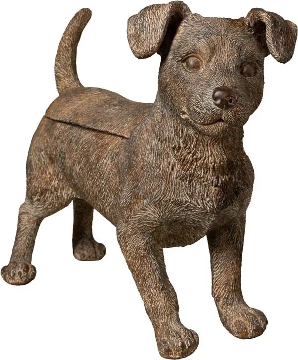 Cutie decorativă din rășină maro în formă de cățel, capac detașabil, finisaj antichizat, 28,5 x 36,5 x 13 cm, „Filou”